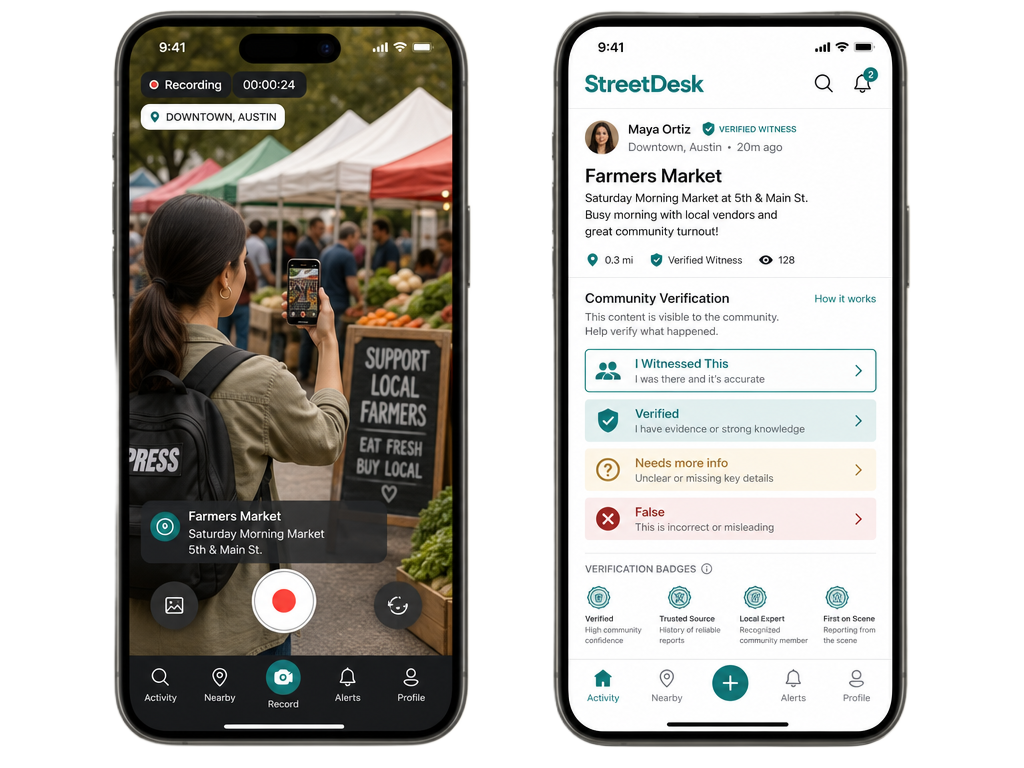Two phones showing the StreetDesk reporting and verification interfaces